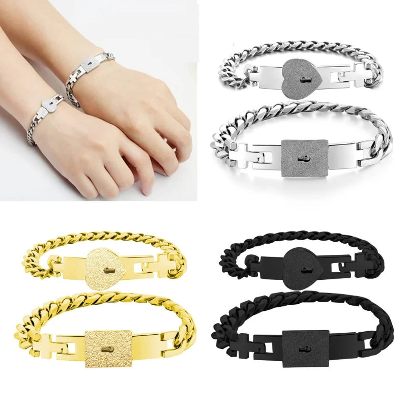 2Pcs Steel Lover Heart Love Lock Bracelet with Lock Key