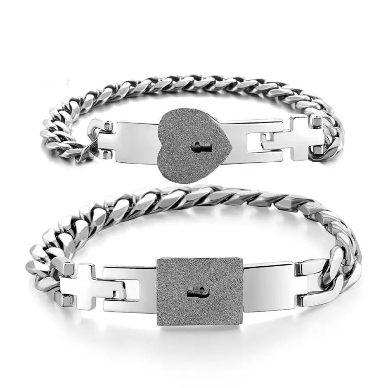 2Pcs Steel Lover Heart Love Lock Bracelet with Lock Key