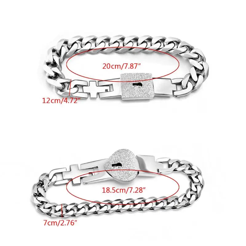 2Pcs Steel Lover Heart Love Lock Bracelet with Lock Key