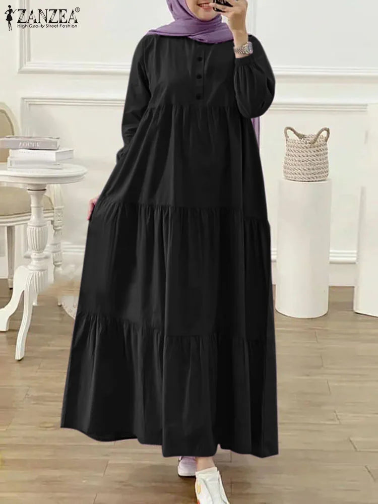 ZANZEA Women Muslim Abaya Long Dress Fashion Long Sleeve Solid Ruffles Kaftan Sundress Robe Femme Eid Mubarek Islamic Clothing