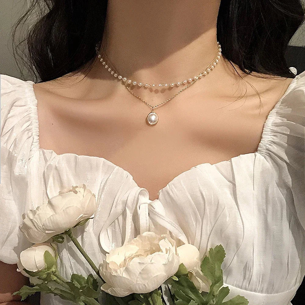 Pearl Choker Necklace Cute Double Layer For Women