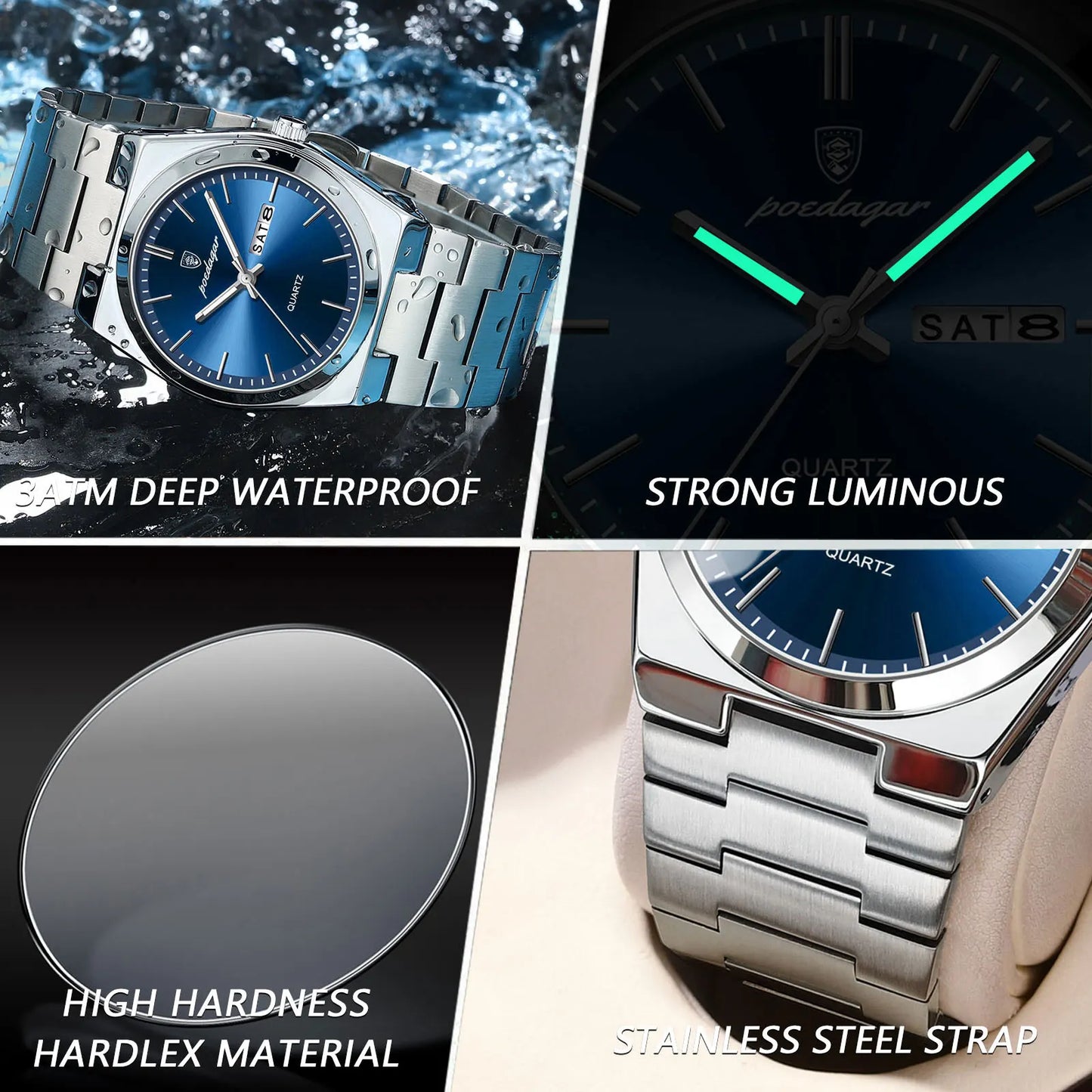 Watch For Man Waterproof Luminous Date Week Stainless Steel Men Watch Casual Quartz