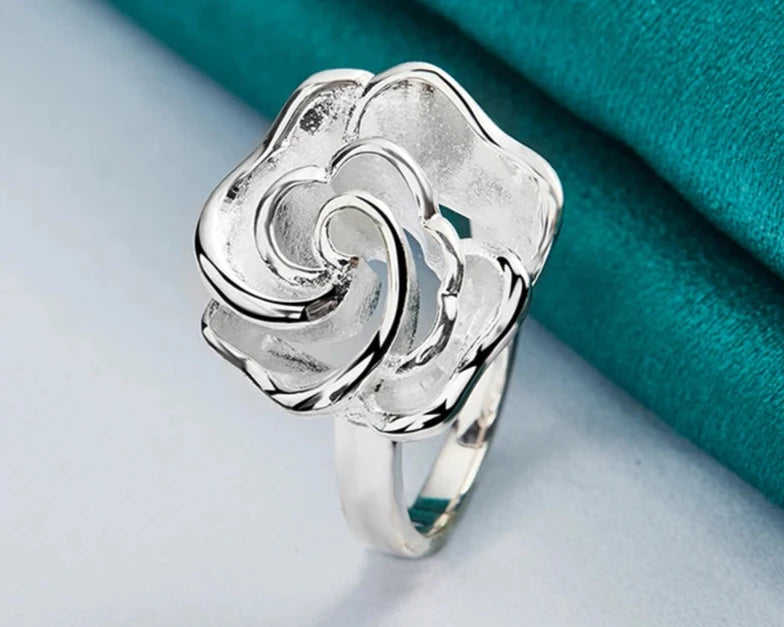 Silver Rose Flower Blossoms Ring For Woman