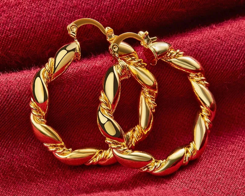 Round Twist Hoop Earrings 24K Gold For Women