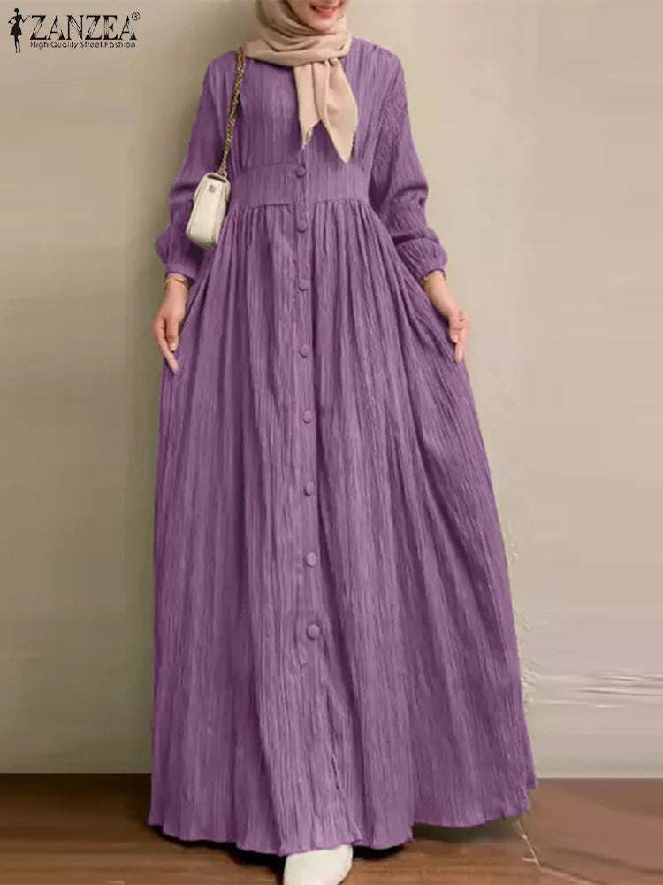 Women Vintage Long Sleeve Muslim Maxi Dress ZANZEA 2023 Autumn Elegant Casual Buttons Down Sundress Dubai Islamic Clothing Abaya