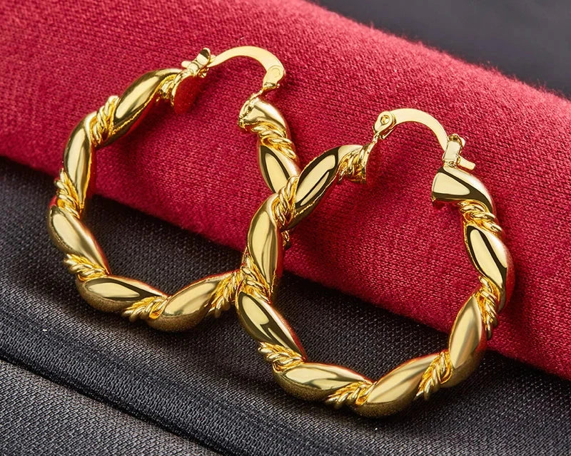 Round Twist Hoop Earrings 24K Gold For Women