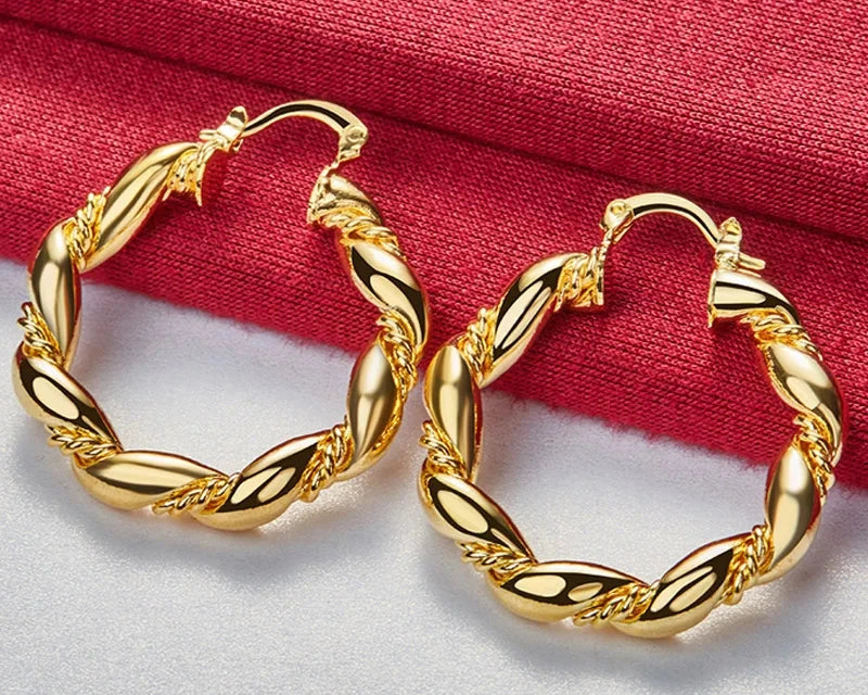 Round Twist Hoop Earrings 24K Gold For Women