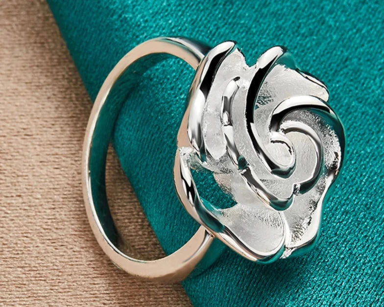 Silver Rose Flower Blossoms Ring For Woman