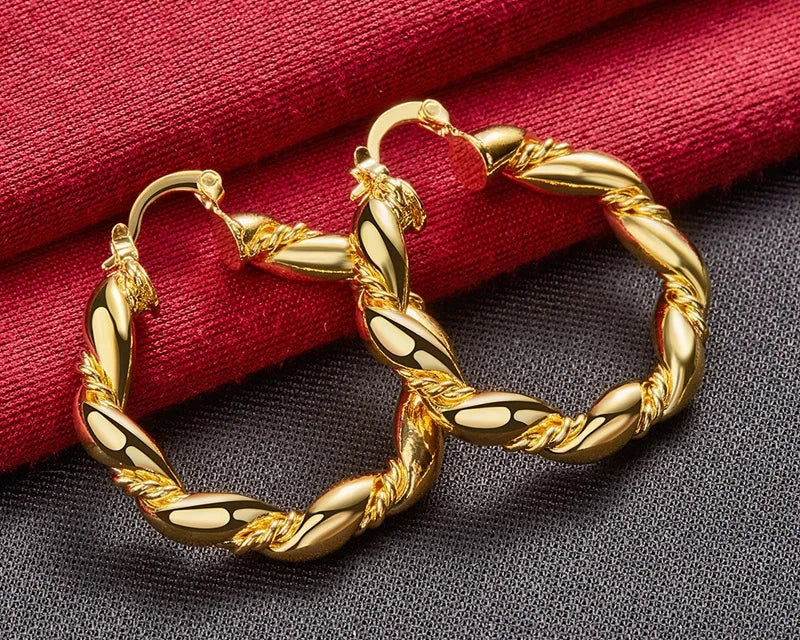 Round Twist Hoop Earrings 24K Gold For Women